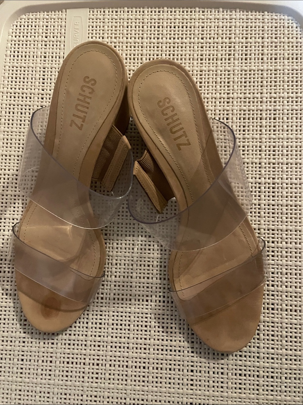 SCHUTZ Tan Leather Block Heel Mules with Clear Straps